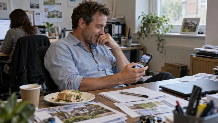 Affordable real estate website: an agent at a small brokerage office checks a clean, mobile-friendly property site on his phone beside a printed quote