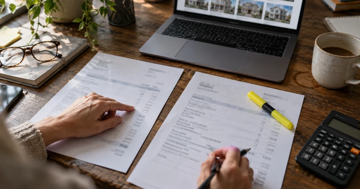 IDX cost: an agent compares the MLS data licence invoice and the IDX vendor invoice side by side with a highlighter and a calculator