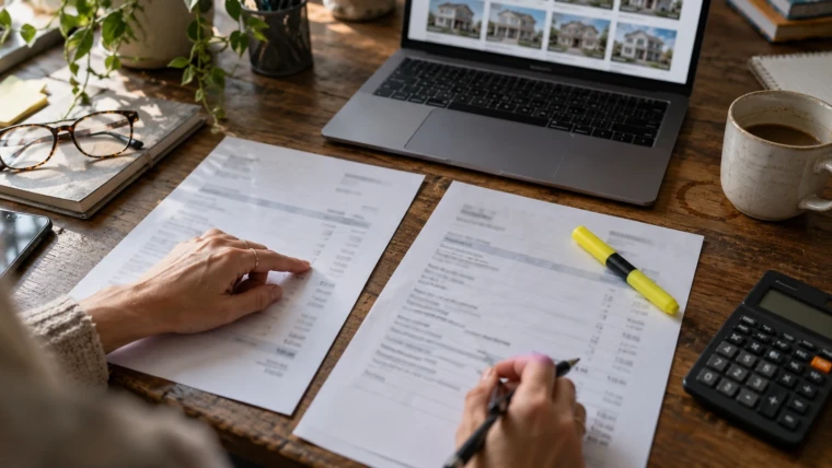 IDX cost: an agent compares the MLS data licence invoice and the IDX vendor invoice side by side with a highlighter and a calculator