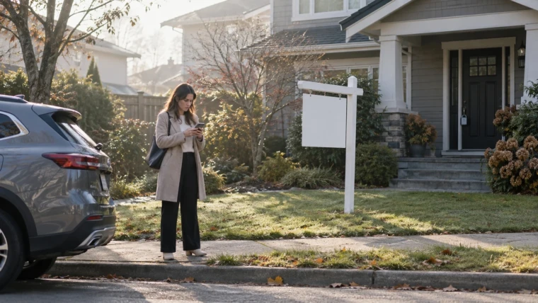 IDX not syncing: an agent outside a newly listed house checks her phone and cannot find the listing on her website yet