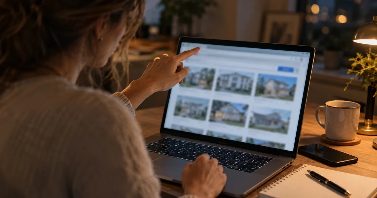 Iframe IDX SEO check: an agent points at the browser address bar above a framed property search to see whose domain the listings live on
