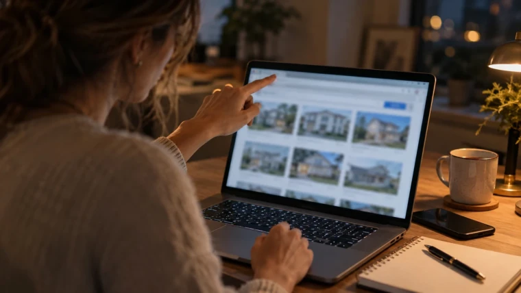 Iframe IDX SEO check: an agent points at the browser address bar above a framed property search to see whose domain the listings live on