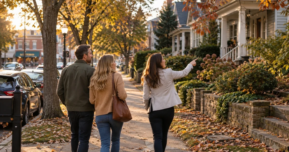 Local SEO for real estate agents: an agent walks a tree-lined neighbourhood street with clients, the street-level knowledge the portals cannot copy