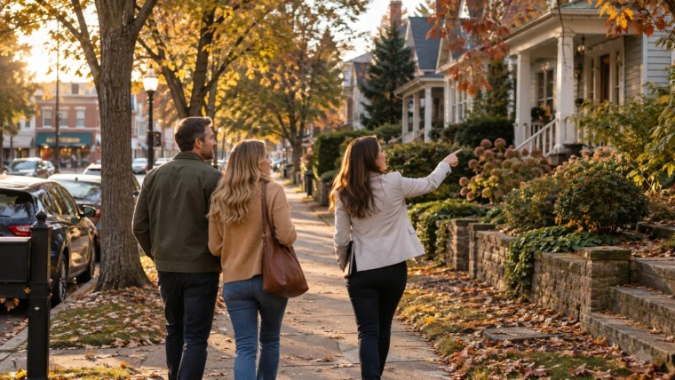 Local SEO for real estate agents: an agent walks a tree-lined neighbourhood street with clients, the street-level knowledge the portals cannot copy