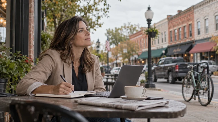 Neighborhood pages real estate SEO: an agent writes a neighbourhood guide in a notebook at a main-street cafe, describing the storefronts she can see