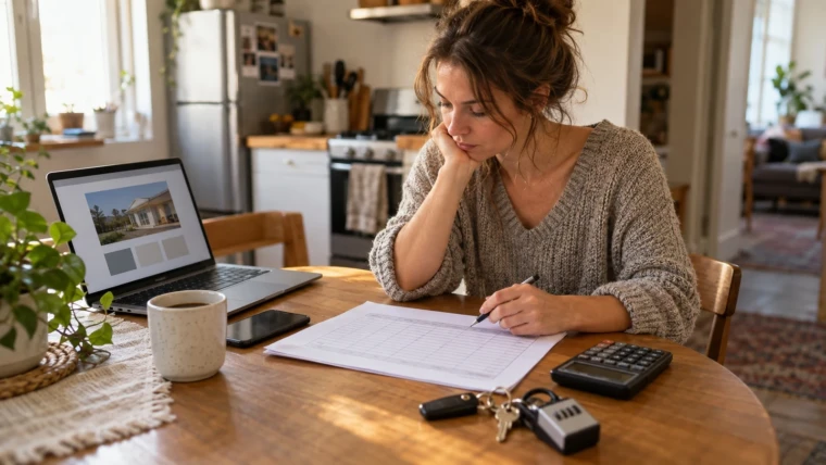 New agent website budget: a first-year real estate agent works through a printed budget sheet at her kitchen table beside a laptop showing a simple one-page website