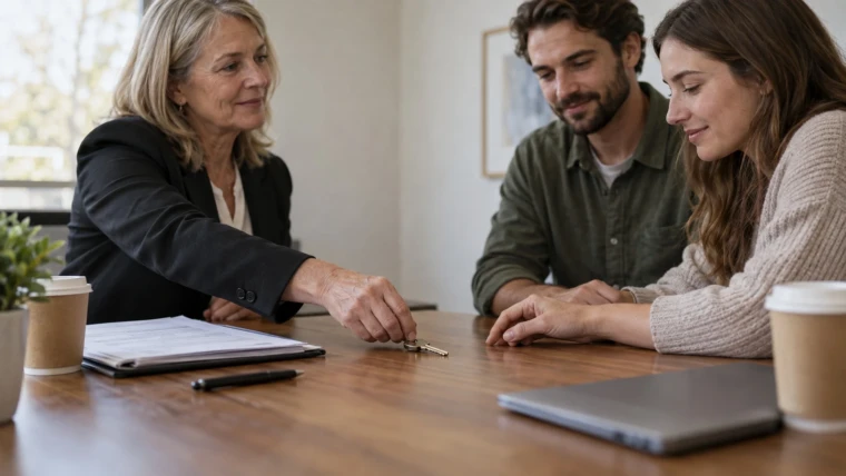 Real estate website ROI: an agent slides the house keys across the closing table to a young couple, the one extra deal that pays for an owned website