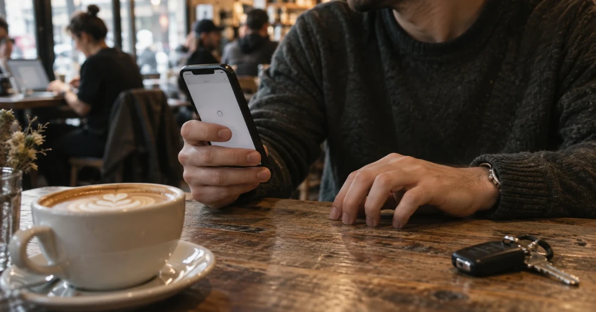 Real estate website speed: a buyer in a coffee shop waits on a blank, still-loading agent website on his phone
