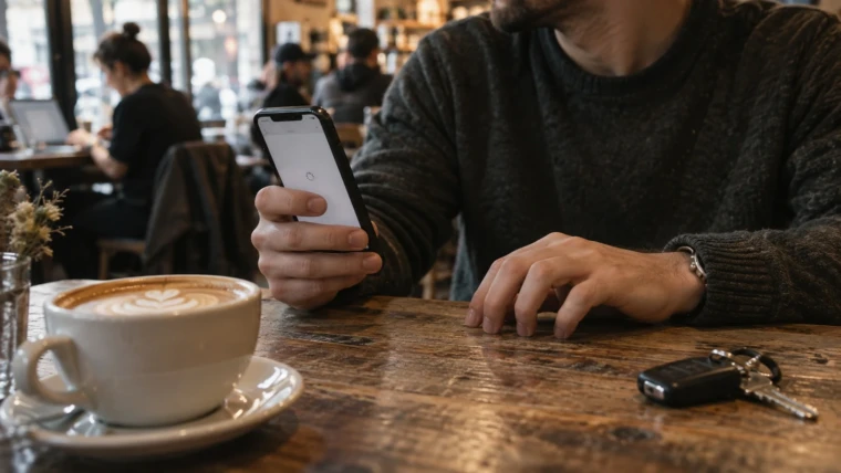 Real estate website speed: a buyer in a coffee shop waits on a blank, still-loading agent website on his phone
