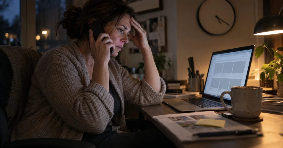RESO Web API vs RETS: an agent on hold with support late at night while her website shows an empty listing grid after the MLS switched off its RETS feed